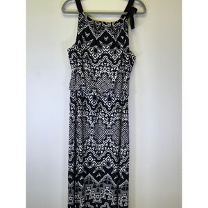Alfani Womens Black White Geometric Print Maxi Dress Bow Accent Large‎